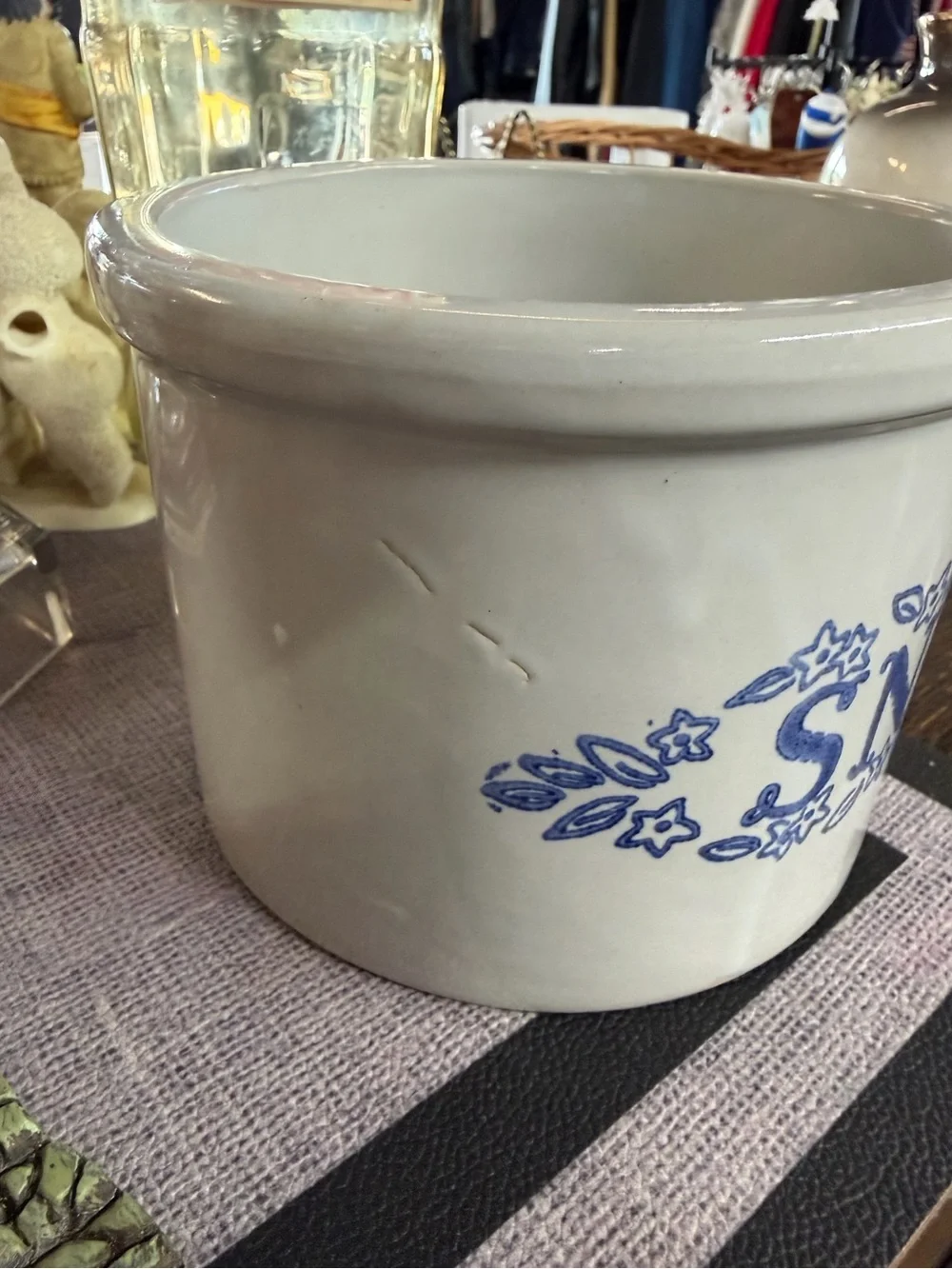 Vintage Ceramic Snack Crock - White with Blue Floral 'SNACKS'